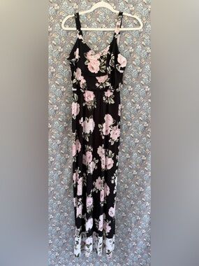 Three Pink Hearts Black Dress with Pink Floral Pattern